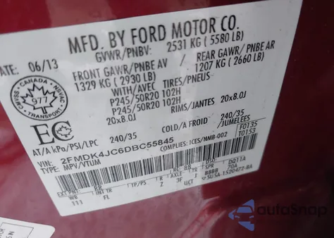 2013 Ford Edge Sel из США, поврежденный, VIN 2FMDK4JC6DBC55845